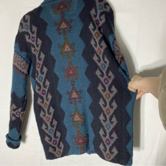 Vintage Millma Bolivia Teal Black Purple Hand Loomed Alpaca Oversized Cardigan M - Picture 13 of 16